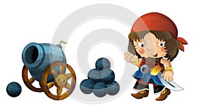 Cartoon scene with pirate man and old cannon on whtie background photo