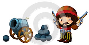 Cartoon scene with pirate man and old cannon on whtie background