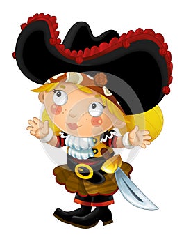 Cartoon scene with pirate woman and old cannon on whtie background