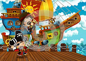 Cartoon scene with pirate sailing ship docking in a harbor