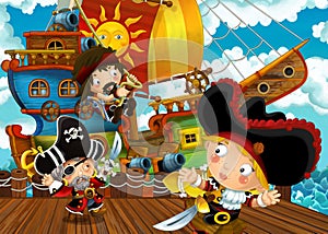 Cartoon scene with pirate sailing ship docking in a harbor