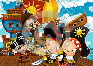 Cartoon scene with pirate sailing ship docking in a harbor