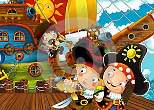 Cartoon scene with pirate sailing ship docking in a harbor