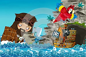 Cartoon scene with pirate ship sailing through the seas encountering giant - illustration