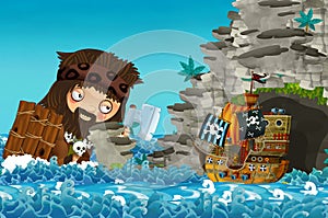 Cartoon scene with pirate ship sailing through the seas encountering giant - illustration