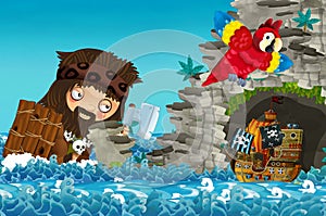 Cartoon scene with pirate ship sailing through the seas encountering giant - illustration