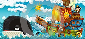 Cartoon scene with pirate ship sailing through the seas with happy pirates meeting swimming whale - illustration