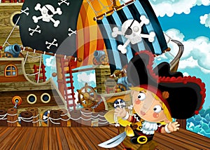 Cartoon scene with pirate ship sailing through the seas with pirate captain waiting in the dock - illustration