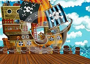 Cartoon scene with pirate ship sailing through the seas with pirate captain waiting in the dock - illustration