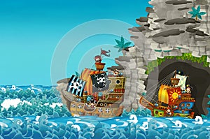 Cartoon scene with pirate ship sailing through the seas with pirate captain waiting in the dock - illustration