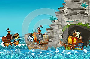 Cartoon scene with pirate ship sailing through the seas sailing out of secret cave