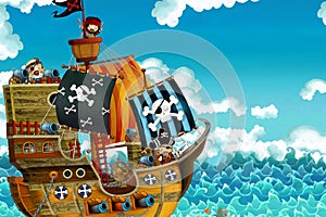 Cartoon scene with pirate ship sailing through the seas with scary pirates - deck is burning during battle