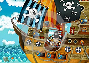 Cartoon scene with pirate ship sailing through the seas with scary pirates - illustration