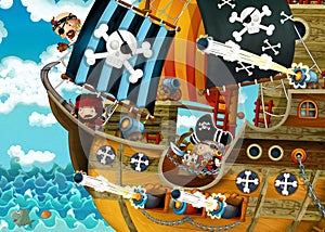 Cartoon scene with pirate ship sailing through the seas with scary pirates - illustration