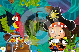 Cartoon scene with pirate and treasure and parrot in the jungle