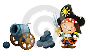 Cartoon scene with pirate woman and old cannon on whtie background