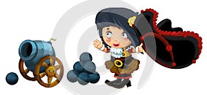 Cartoon scene with pirate woman and old cannon on whtie background