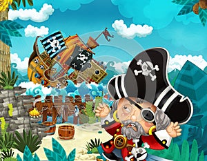 Cartoon scene with pirates on the sea battle with sinking ship - illustration
