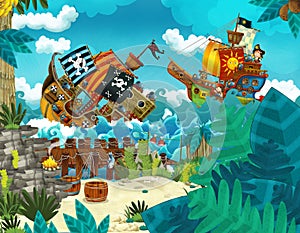 Cartoon scene with pirates on the sea battle with sinking ship - illustration