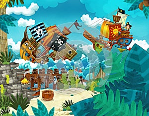 Cartoon scene with pirates on the sea battle with sinking ship - illustration