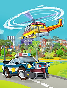 Cartoon scene with police car vehicle on the road - illustration