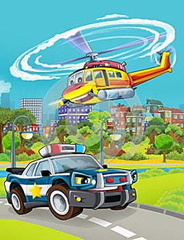 Cartoon scene with police car vehicle on the road - illustration