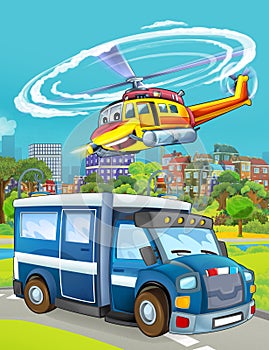 Cartoon scene with police car vehicle on the road - illustration