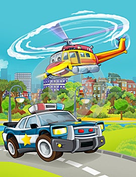 Cartoon scene with police car vehicle on the road - illustration