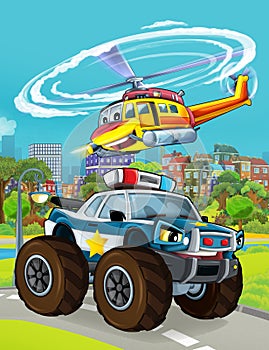 Cartoon scene with police car vehicle on the road - illustration