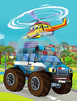 Cartoon scene with police car vehicle on the road - illustration