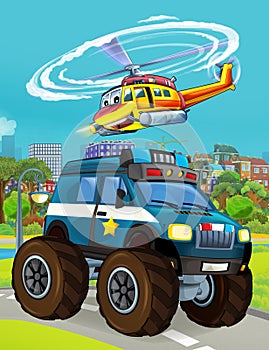 Cartoon scene with police car vehicle on the road - illustration