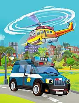 Cartoon scene with police car vehicle on the road - illustration
