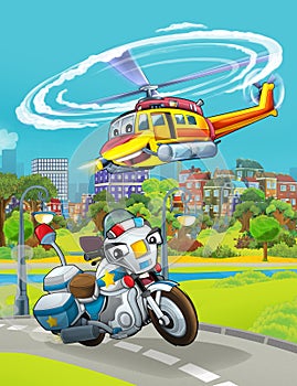 Cartoon scene with police car vehicle on the road - illustration