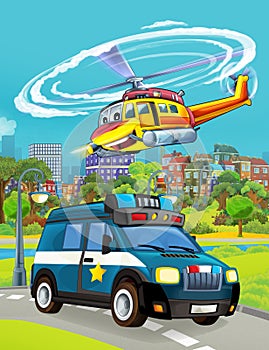 Cartoon scene with police car vehicle on the road - illustration