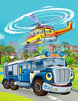 Cartoon scene with police car vehicle on the road - illustration