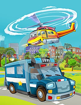 Cartoon scene with police car vehicle on the road - illustration