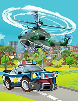 Cartoon scene with police car vehicle on the road - illustration