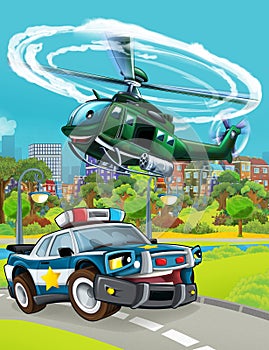 Cartoon scene with police car vehicle on the road - illustration