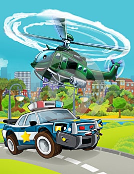 Cartoon scene with police car vehicle on the road - illustration