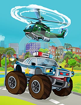 Cartoon scene with police car vehicle on the road - illustration