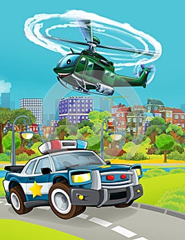 Cartoon scene with police car vehicle on the road - illustration