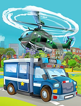 Cartoon scene with police car vehicle on the road - illustration