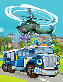 Cartoon scene with police car vehicle on the road - illustration