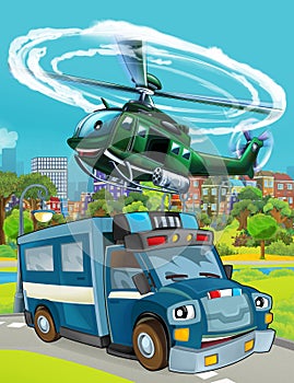 Cartoon scene with police car vehicle on the road - illustration