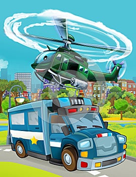 Cartoon scene with police car vehicle on the road - illustration