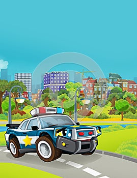 Cartoon scene with police sedan car vehicle on the road and fireman worker - illustration