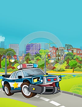 Cartoon scene with police sedan car vehicle on the road and fireman worker - illustration