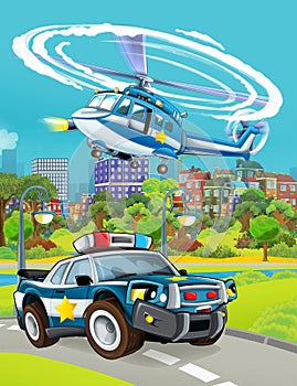 Cartoon scene with police sedan car vehicle on the road and police helicopter worker - illustration