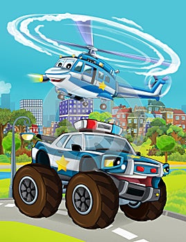 Cartoon scene with police sedan car vehicle on the road and police helicopter worker - illustration