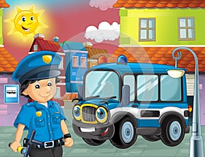Cartoon scene with policeman and policetruck in the city